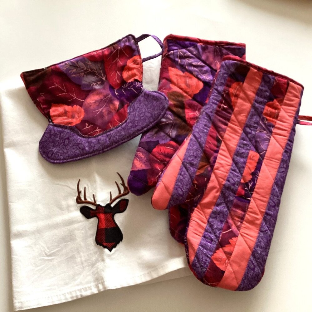 Handmade Oven Mitts + Tea Cup Pot Holder Set + Tea Towel Kitchen Linens